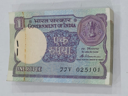 Rs 1 note bundle 1985 signed by S. Venkitaramanan, serial 025101, 100 sequential collectible Indian currency notes
