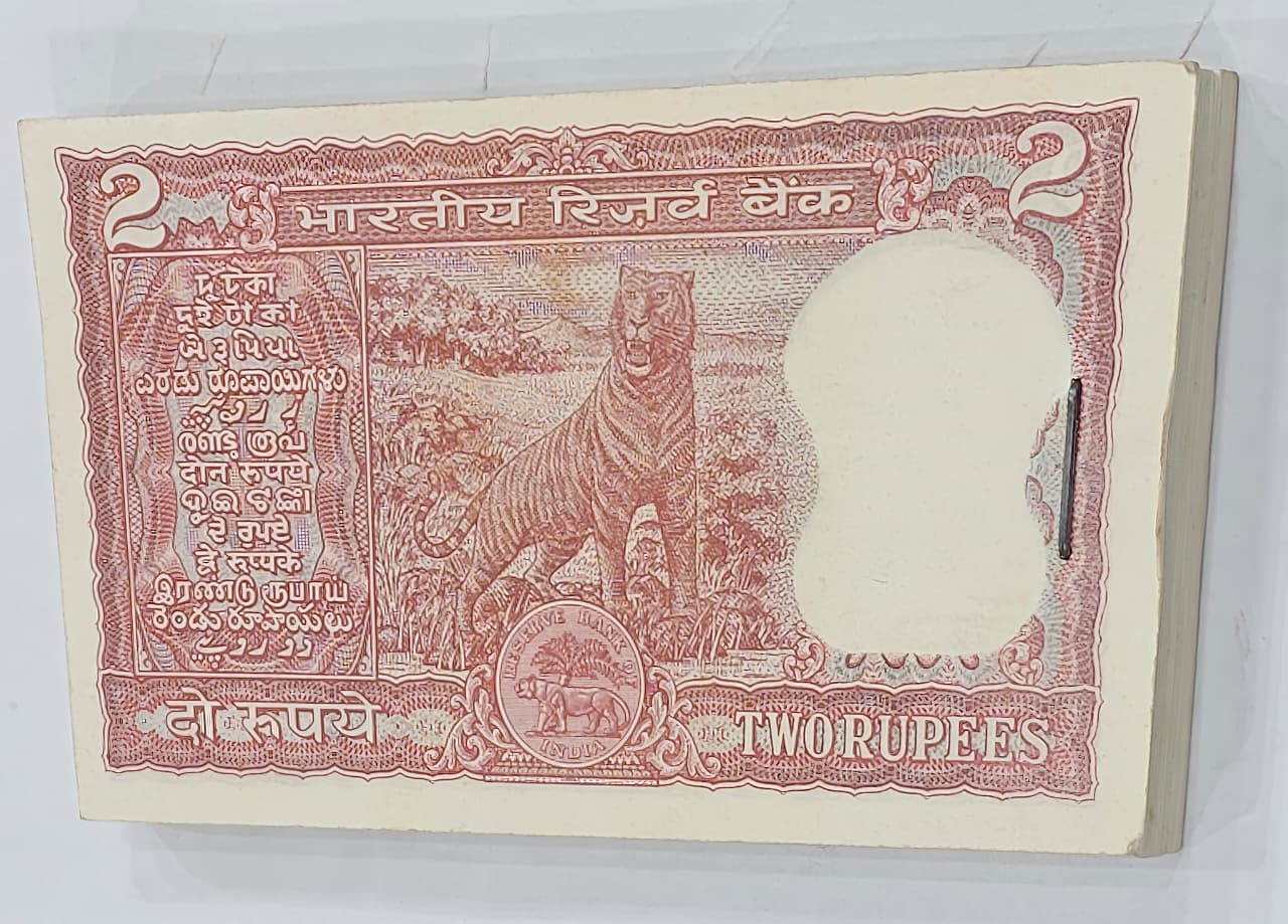 Rs 2 bank note bundle serial 064201 signed by I.G. Patel with 100 sequential notes, Back side