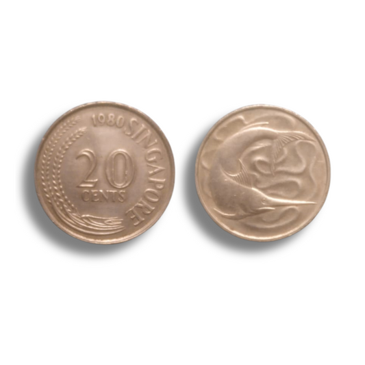 Singapore 20 cents coin from 1980 – collectible foreign world coin for currency and numismatic enthusiasts