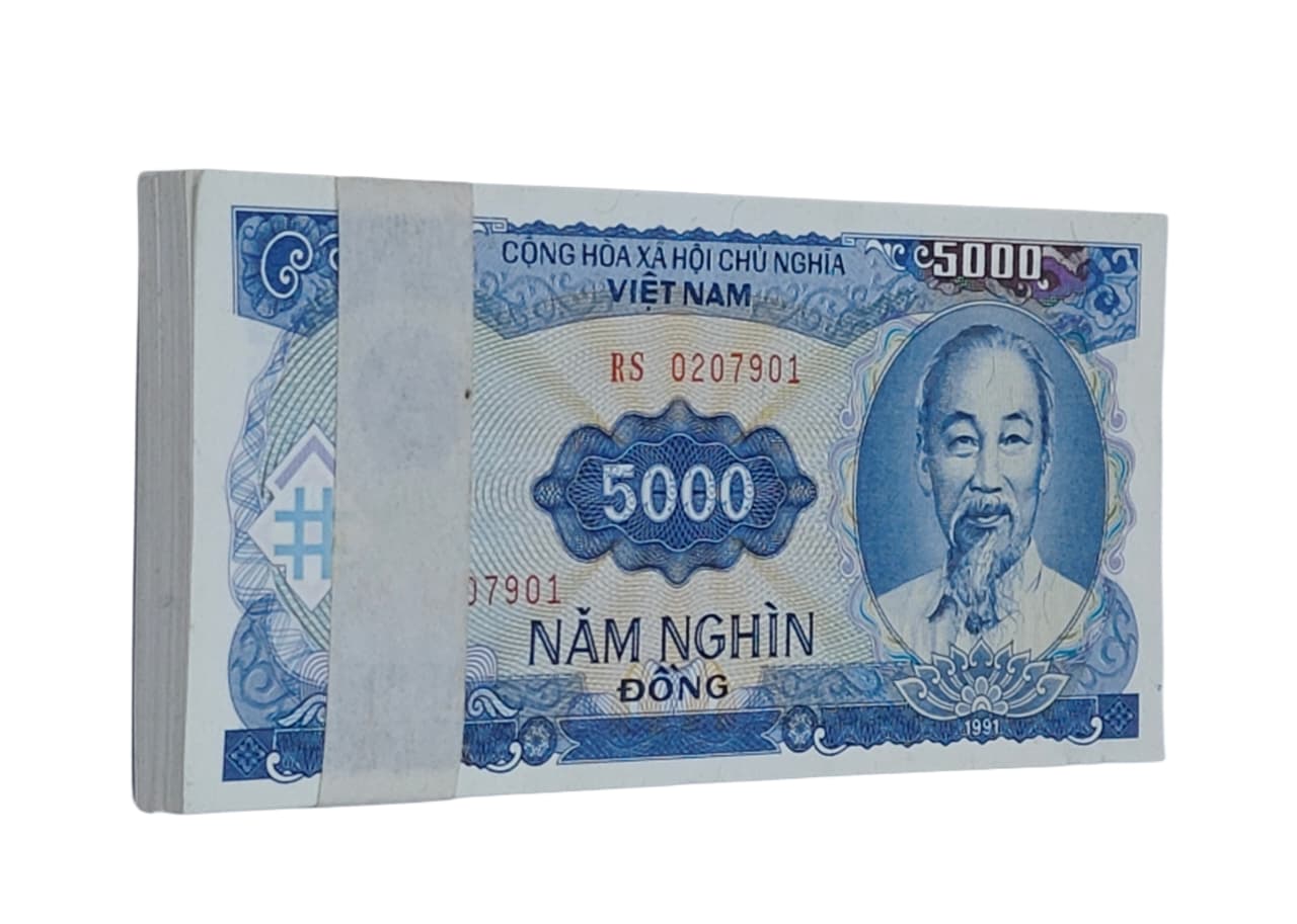Vietnam 5000 Đồng old banknote bundle with Ho Chi Minh portrait and hydroelectric power dam design