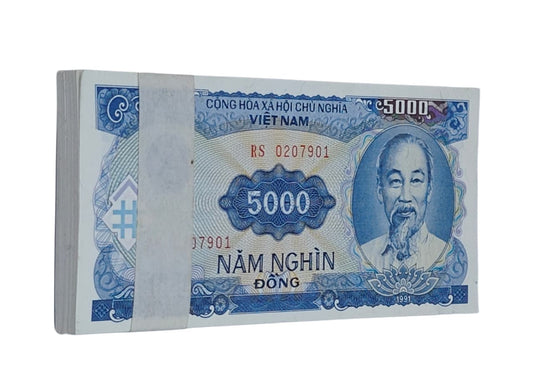 Vietnam 5000 Đồng old banknote bundle with Ho Chi Minh portrait and hydroelectric power dam design